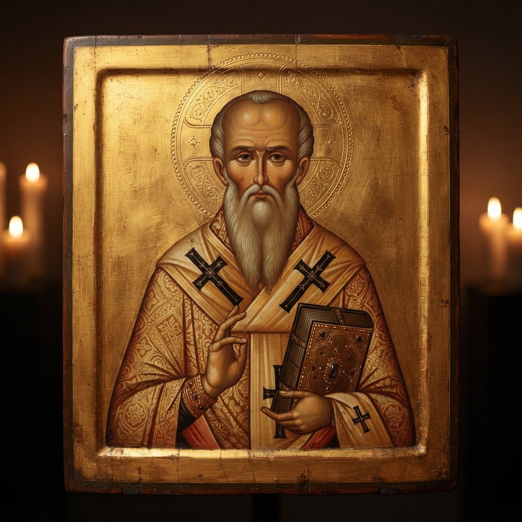 Icon of St John Chrysostom holding a book of his homilies