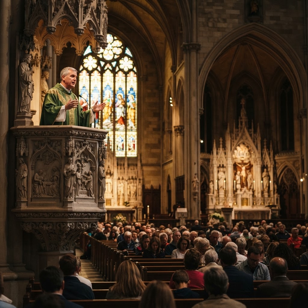 A Catholic priest preaching from a stone pulpit