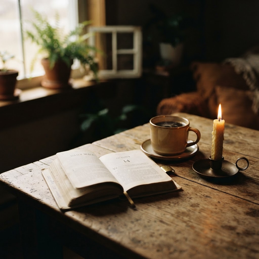 A daily devotional booklet open beside coffee and a lit candle