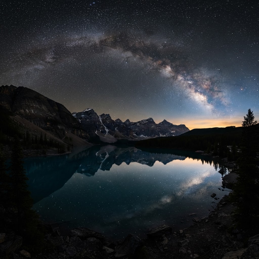 The Milky Way arching over a still mountain lake, reflected perfectly in the water