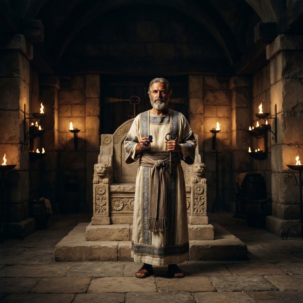 A royal steward in fine linen robes holding a great bronze key and a seal ring before a stone throne in an ancient Judean palace hall.