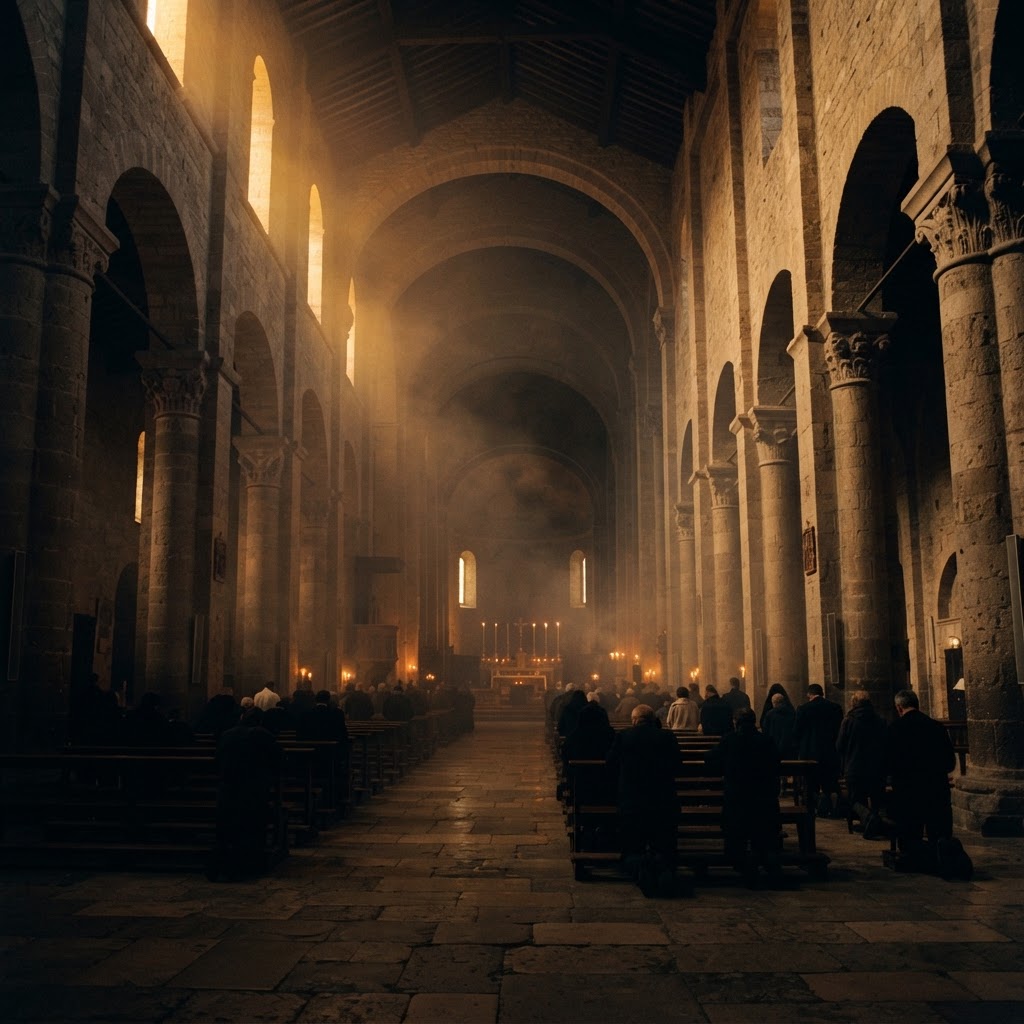 A vast stone basilica at dusk, its nave filled with kneeling figures and golden light