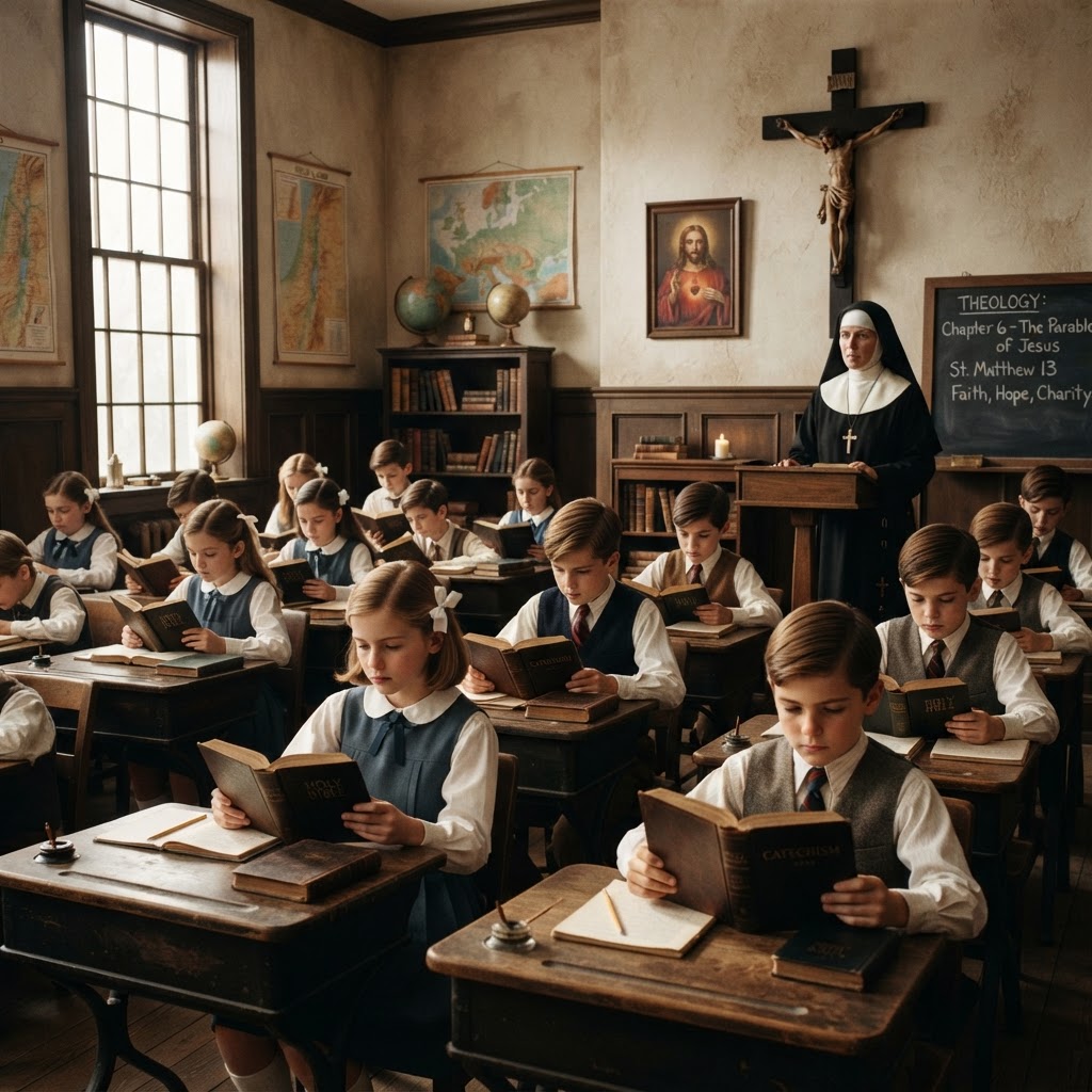 A Catholic school classroom with a crucifix on the wall