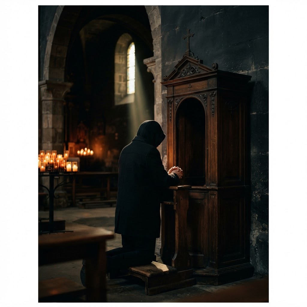 A penitent kneeling in golden light before a wooden confessional