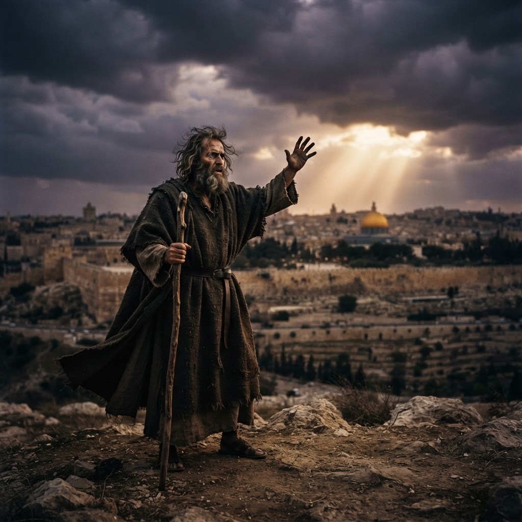 An Old Testament prophet confronting Israel before the walls of Jerusalem