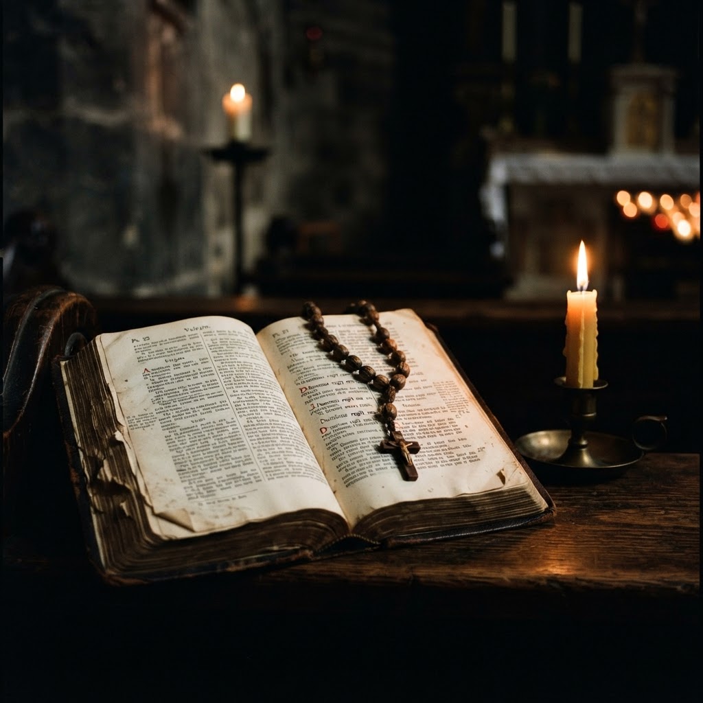An open Bible with a wooden rosary and a beeswax candle in a darkened Catholic chapel, warm golden candlelight