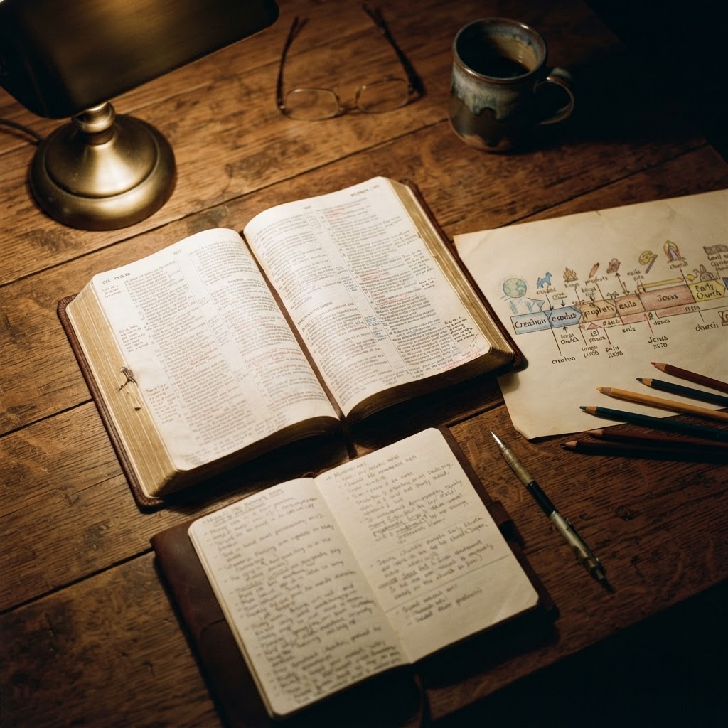 Overhead view of an open Bible with a hand-drawn biblical timeline