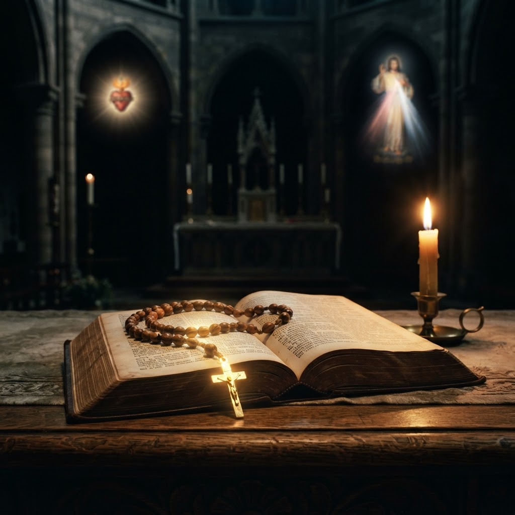 A glowing rosary and open prayer book beside a candle