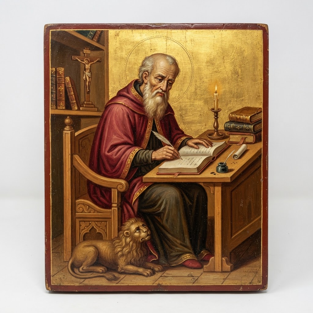 Icon of St Jerome at his desk with a quill, a scroll and a lion at his feet
