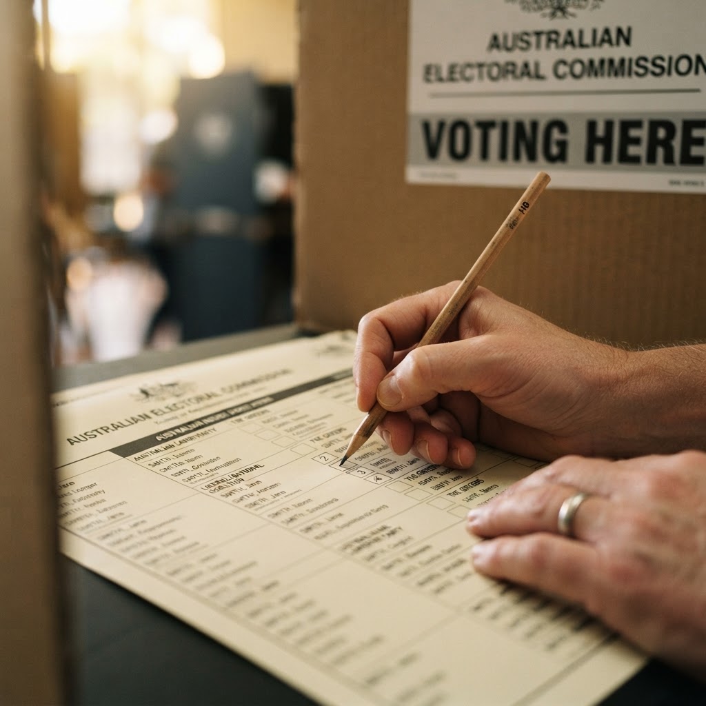 Close-up of a hand numbering a preferential ballot paper with a pencil, soft golden light, an Australian polling booth blurred behind