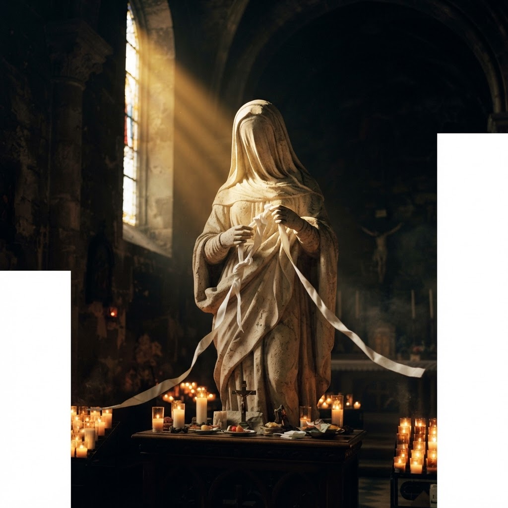 The veiled statue of Mary Undoer of Knots, untying a knotted ribbon in golden light