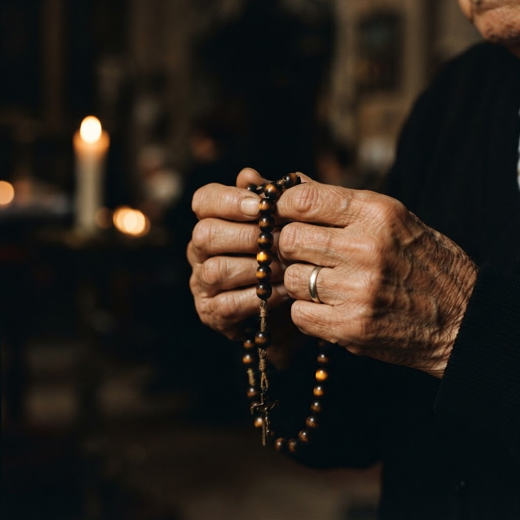 Weathered hands holding wooden rosary beads in warm light