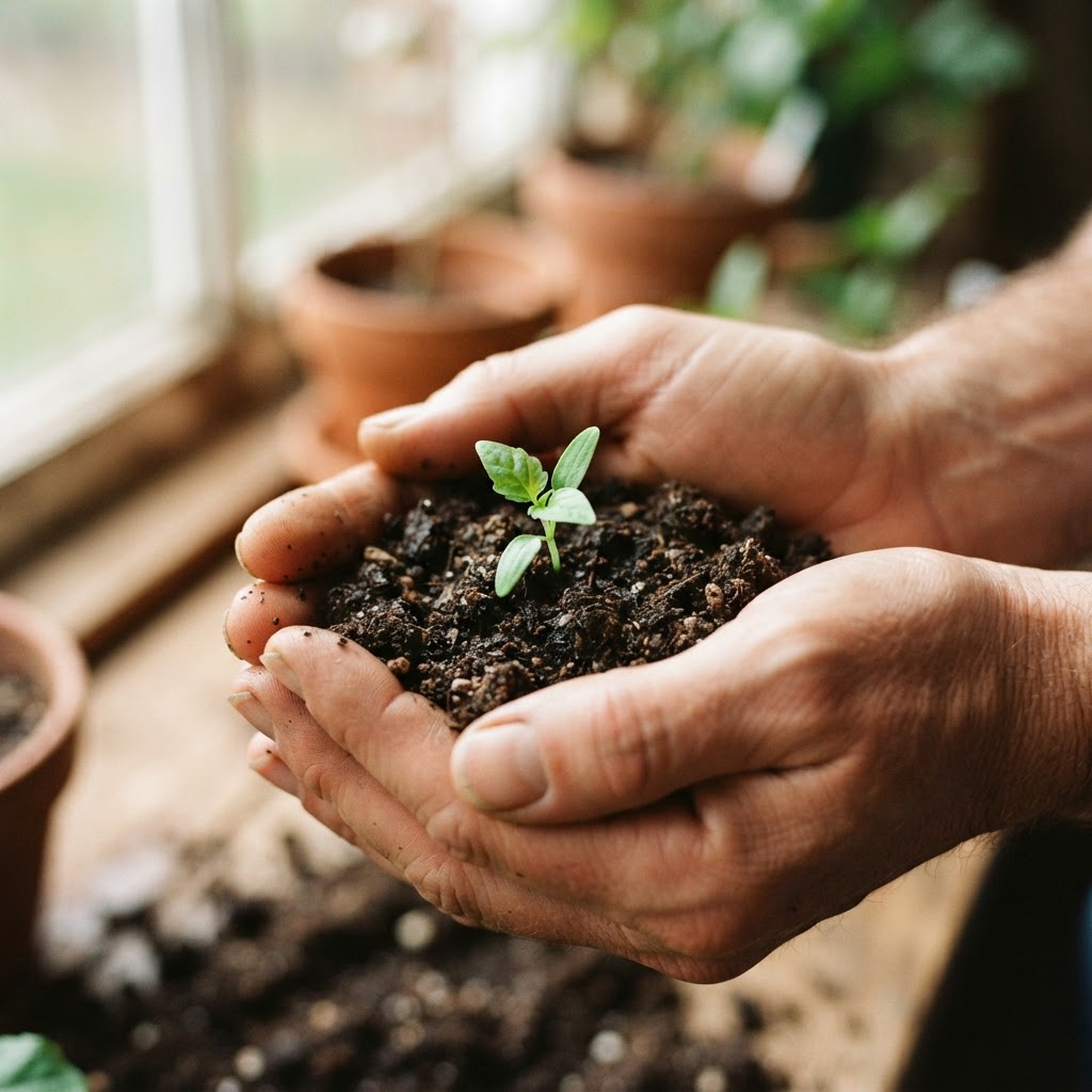 Hands cupping soil with a small green seedling