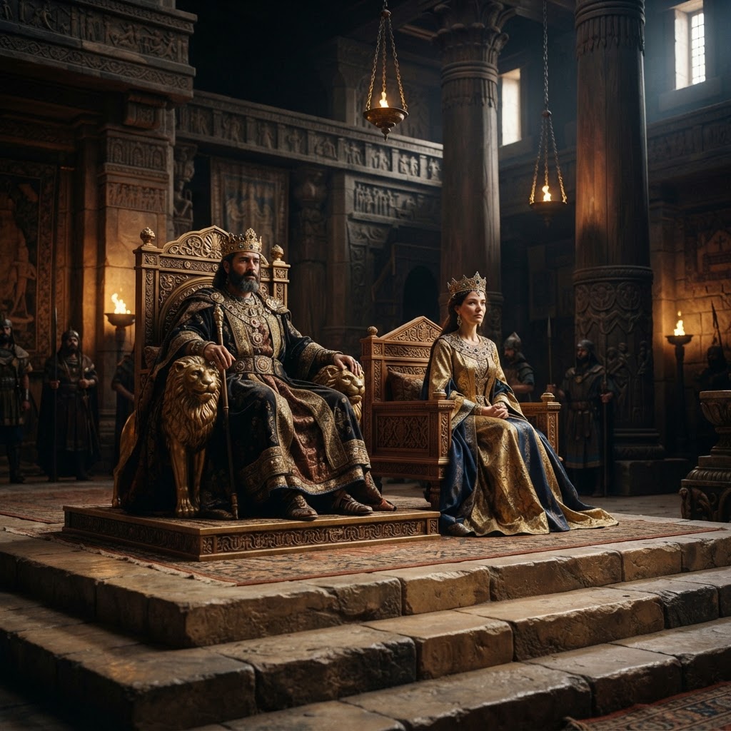 A crowned woman seated at the right hand of an enthroned king in a great dark hall.