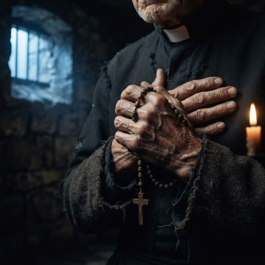 An elderly priest's hands clutching a rosary in a dim prison cell