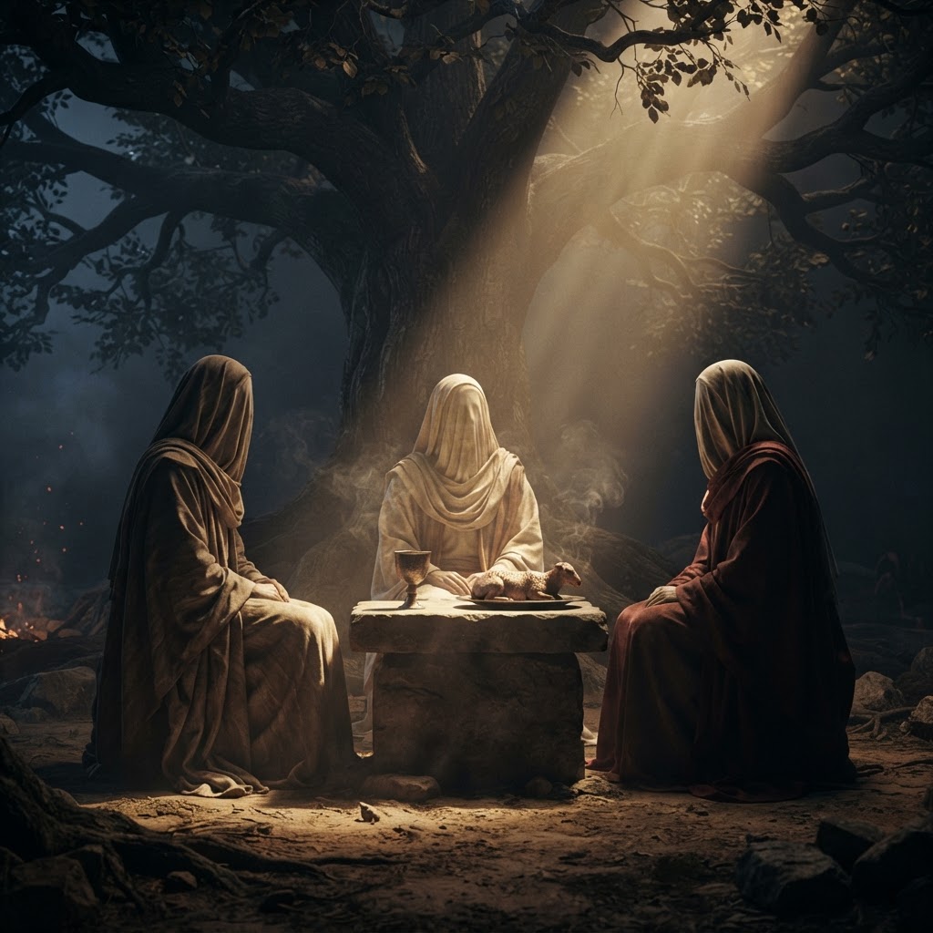 The Hospitality of Abraham at the Oak of Mamre — three angelic figures at one altar