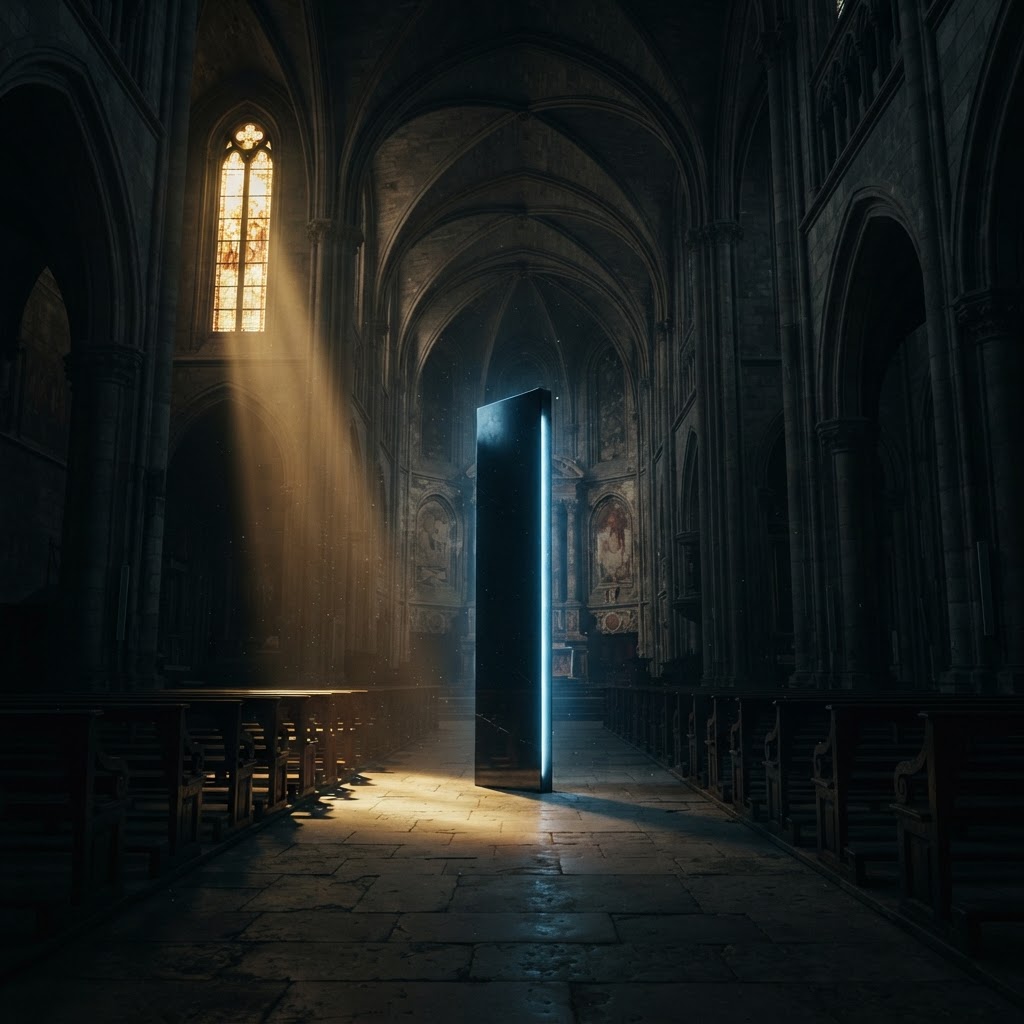 A cold blue-glowing monolith standing in a dark cathedral nave