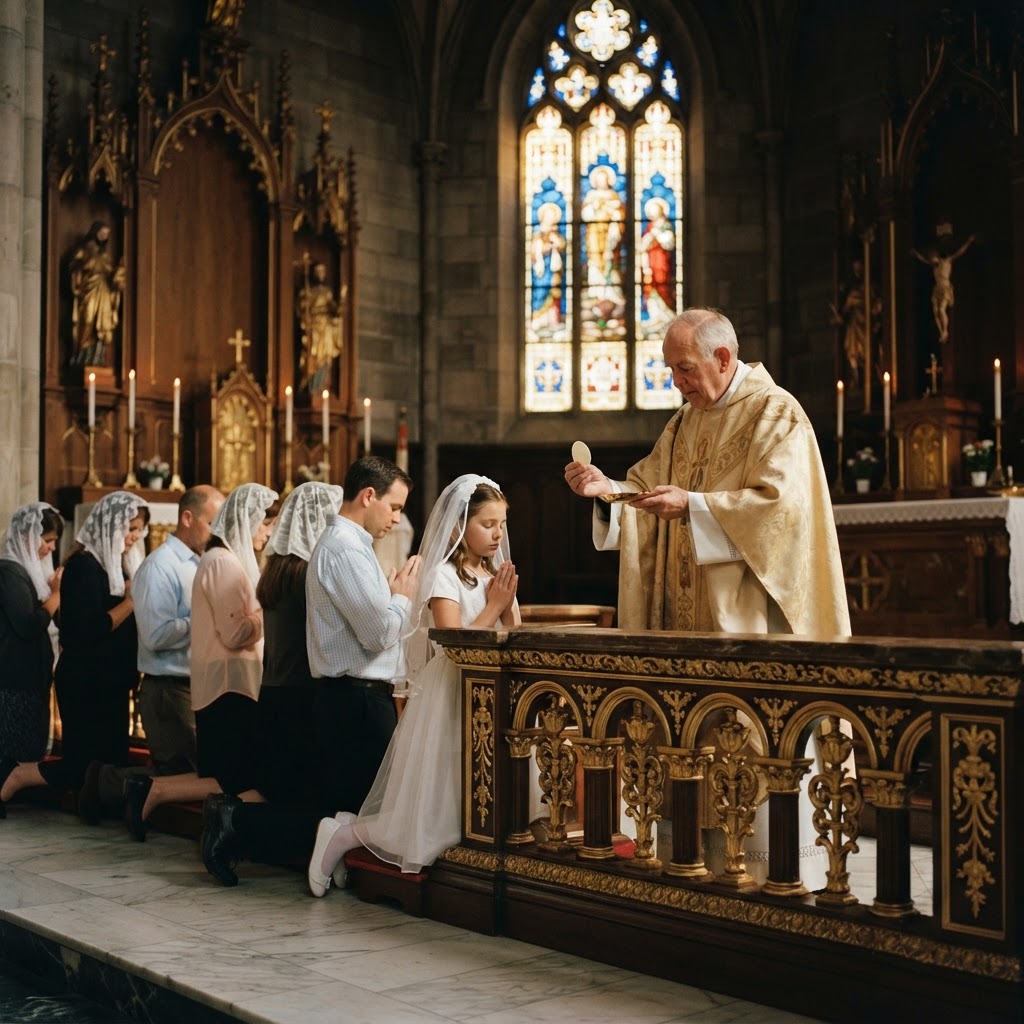 Kneeling communicants at a traditional altar rail as the priest holds the host above a gold paten before a stained glass window.