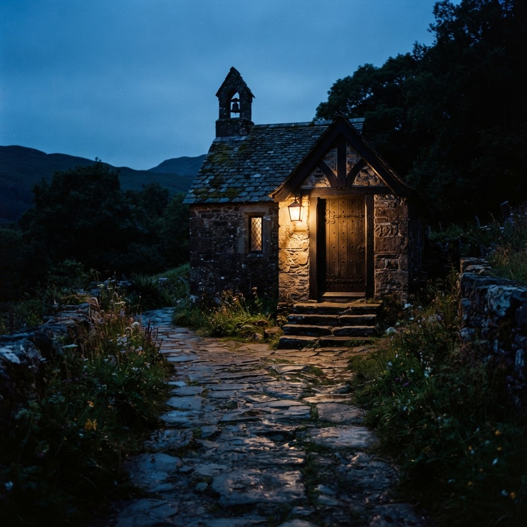 A worn stone path leading to a chapel door lit by a single lamp