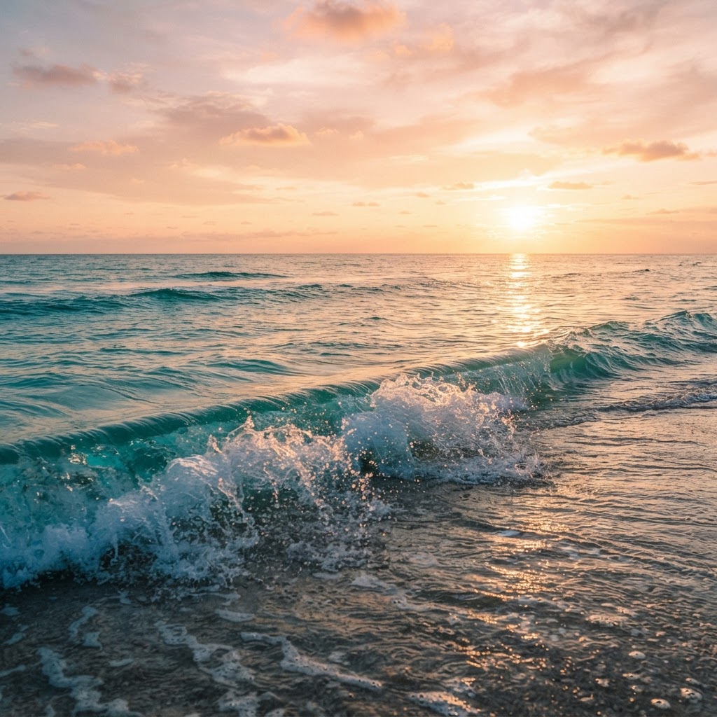 Gentle turquoise ocean swell rolling toward a sunlit shore at golden hour