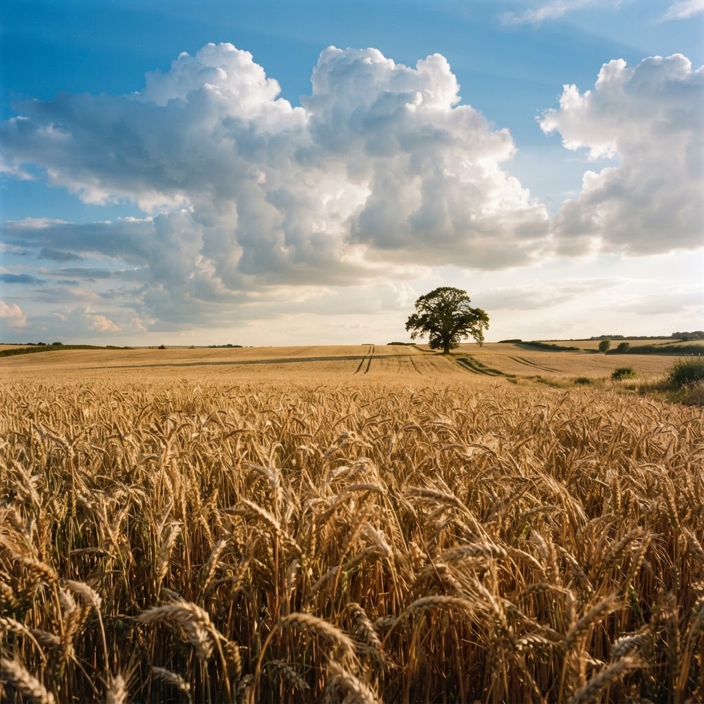 A vast golden wheat field ready for harvest beneath a wide sky with towering clouds