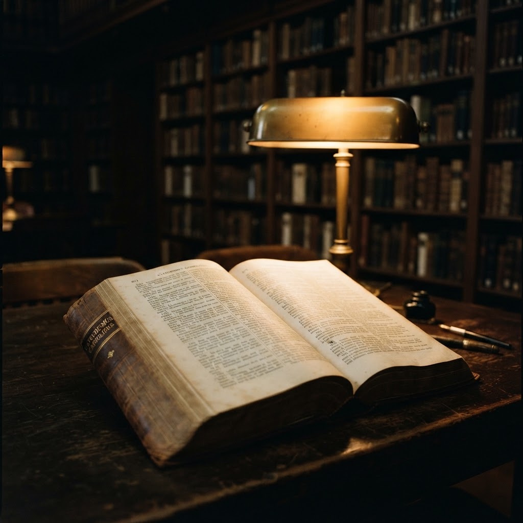 An open catechism under a brass lamp in a tall dark library