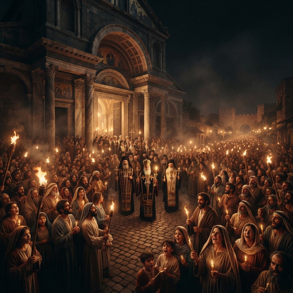 A torchlit crowd outside the basilica at Ephesus in 431 after the council's definition