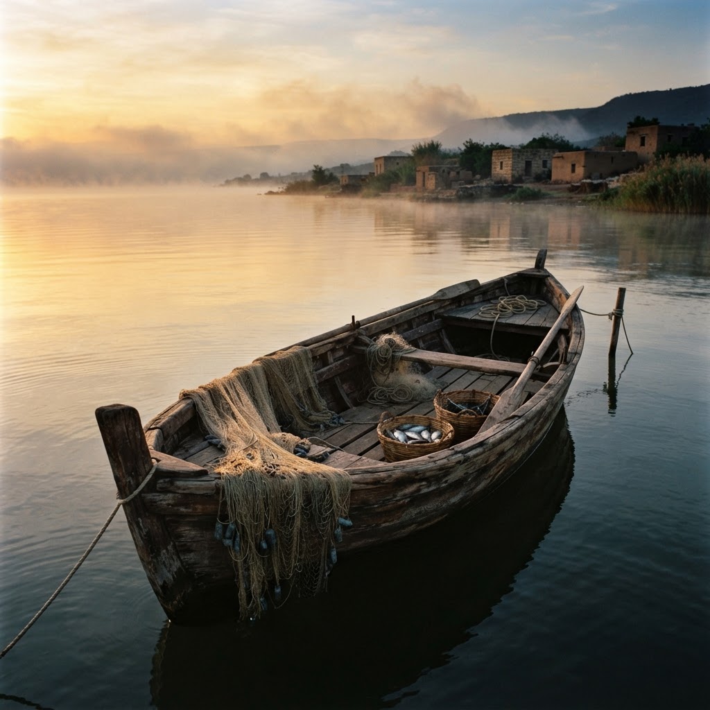A wooden first-century fishing boat on the Sea of Galilee at dawn with nets drying over the gunwale and the shoreline of Bethsaida beyond.