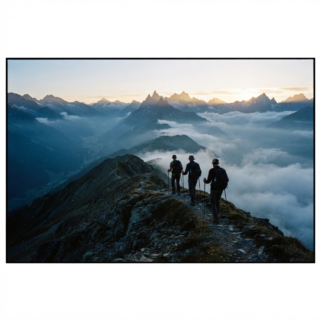 Three men with backpacks walking a mountain ridge at first light