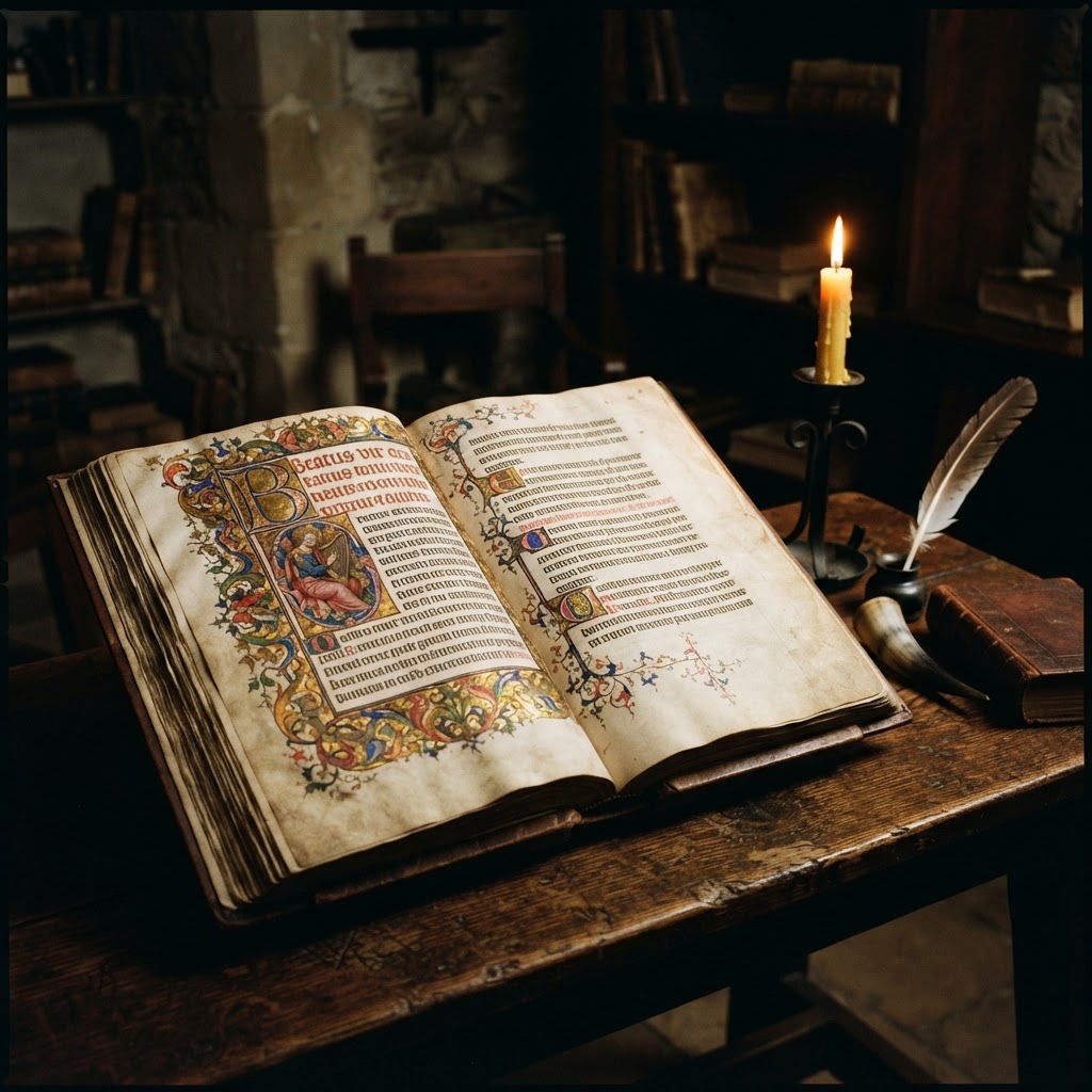 Ancient illuminated manuscript with Latin script and gold leaf