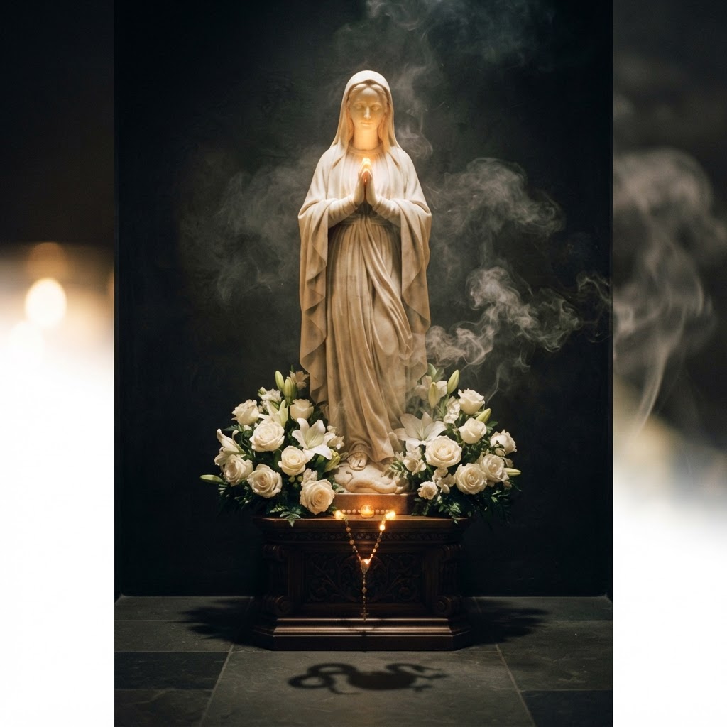 A luminous marble statue of the Virgin Mary in soft golden light
