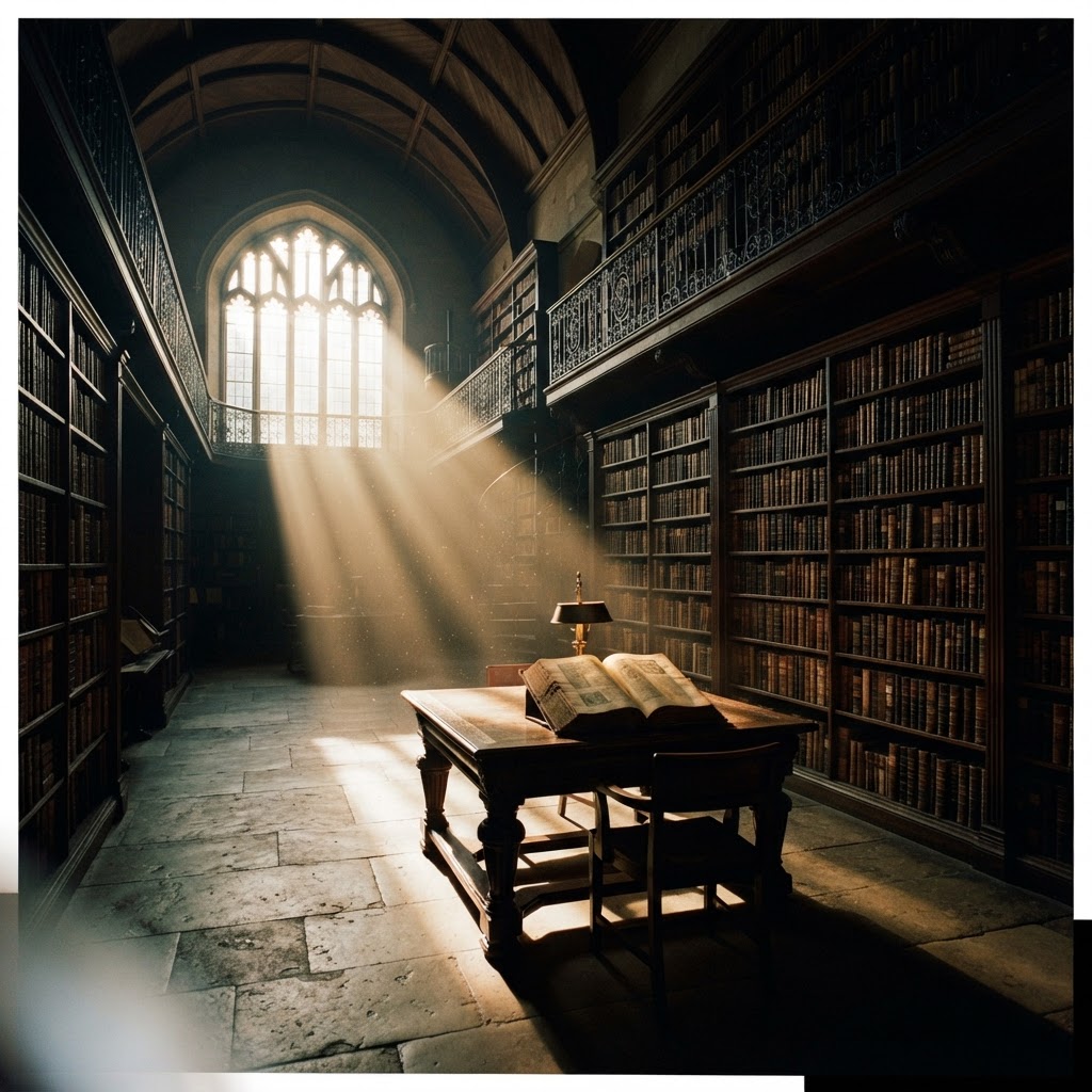 A dark library with a shaft of golden light falling on a reading table