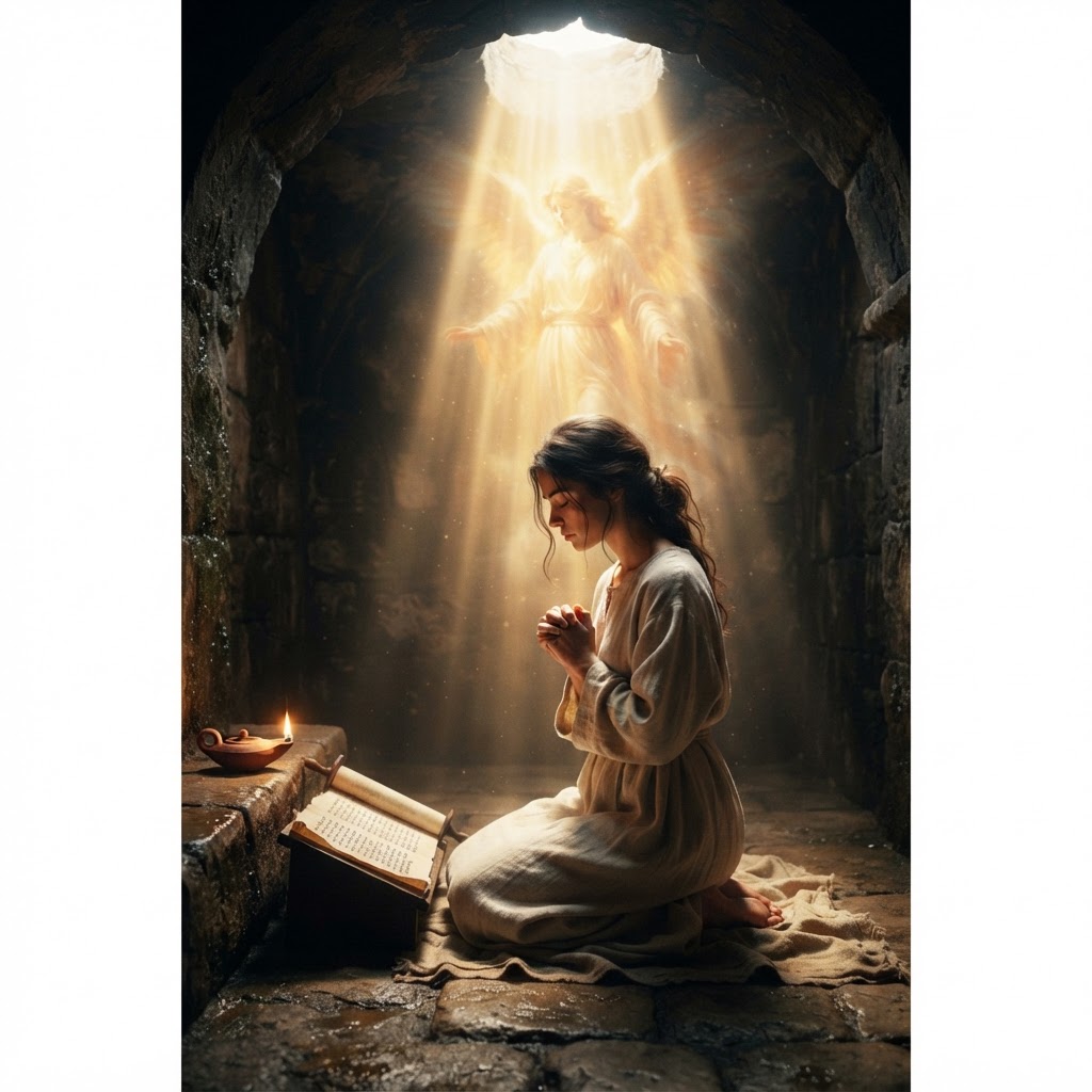 A young woman kneeling beneath a column of golden light in an austere stone room.