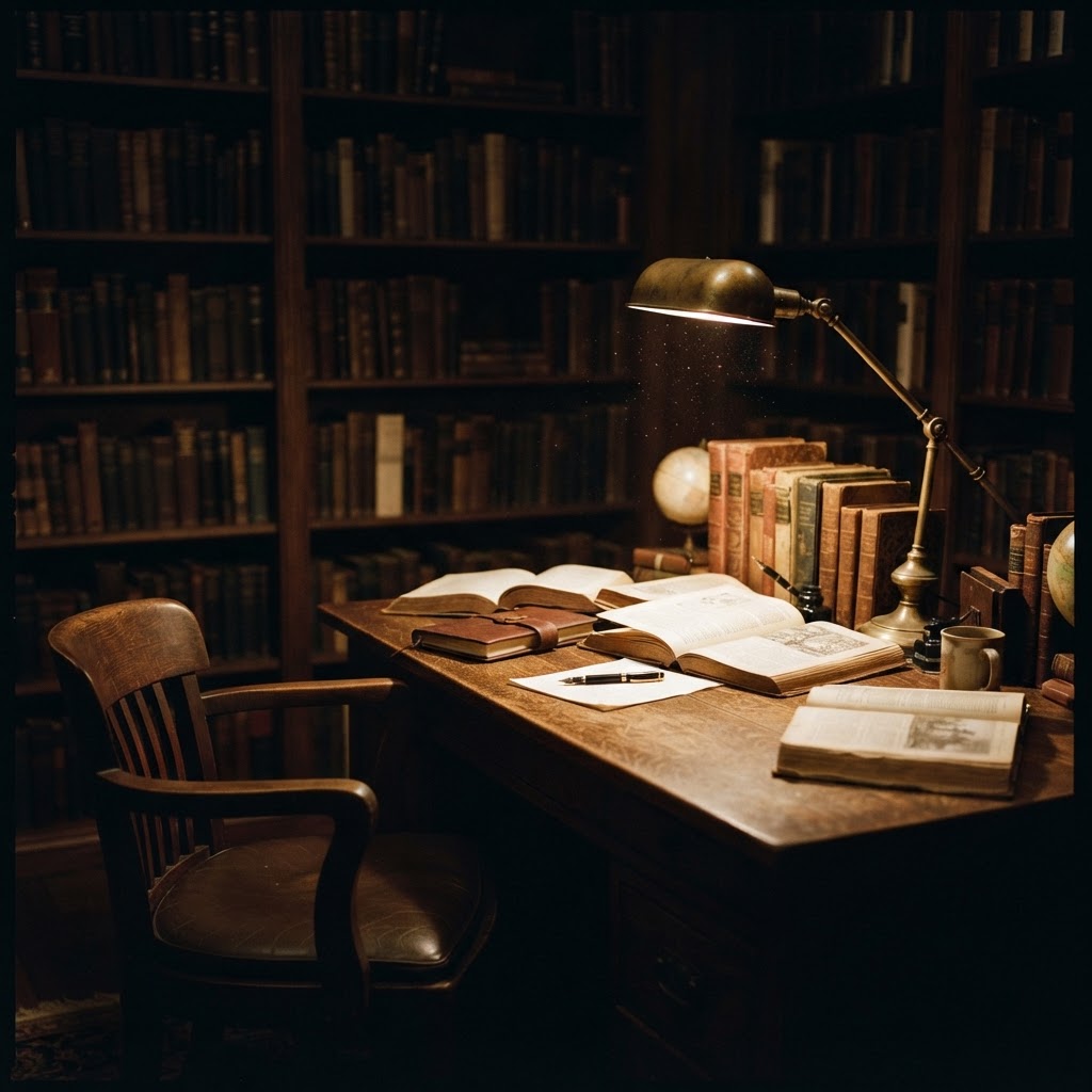 A dim study desk with open books and a brass lamp casting warm light