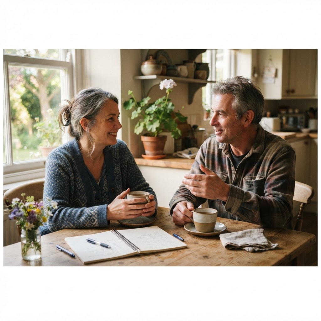 Two people in warm conversation across a sunlit kitchen table with cups of tea