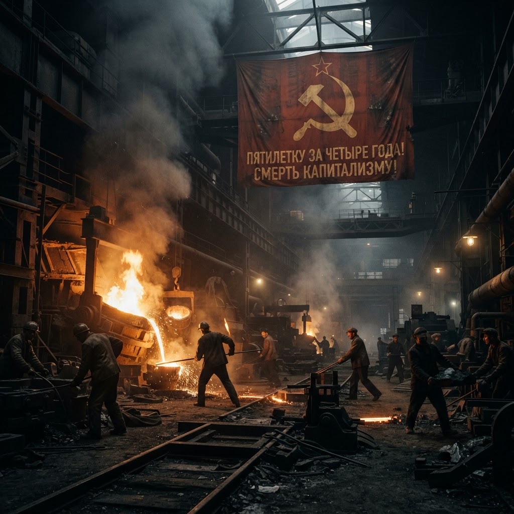 A grim Soviet steel foundry lit by molten orange and cold blue at night