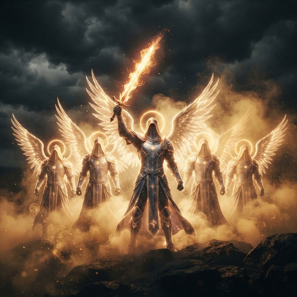 Four luminous winged archangel figures standing in golden mist