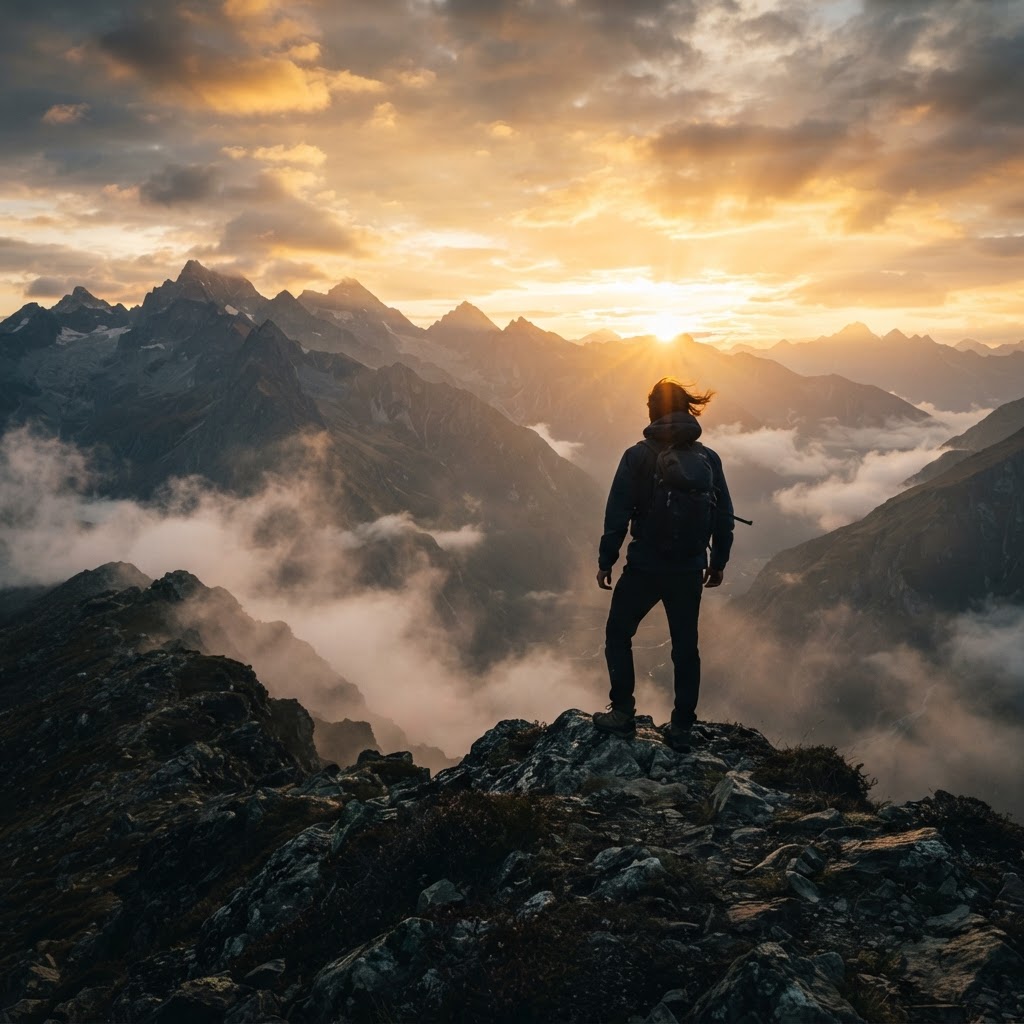 A lone figure standing before a sunrise over the mountains