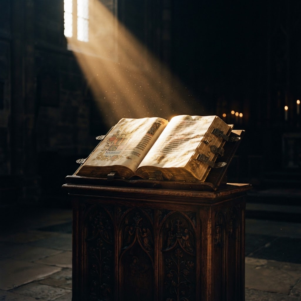 An open gilded Bible on a lectern struck by a shaft of gold