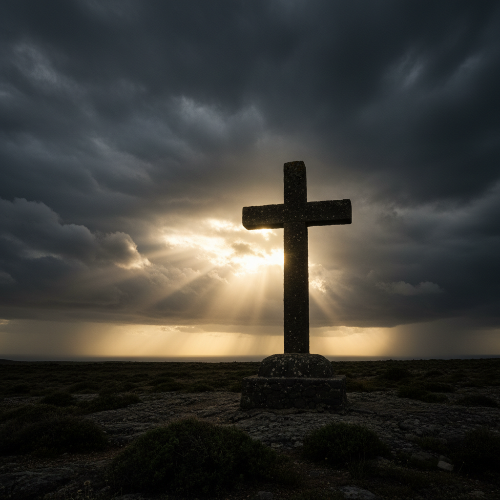 Stone crucifix against stormy sky with golden light breaking through