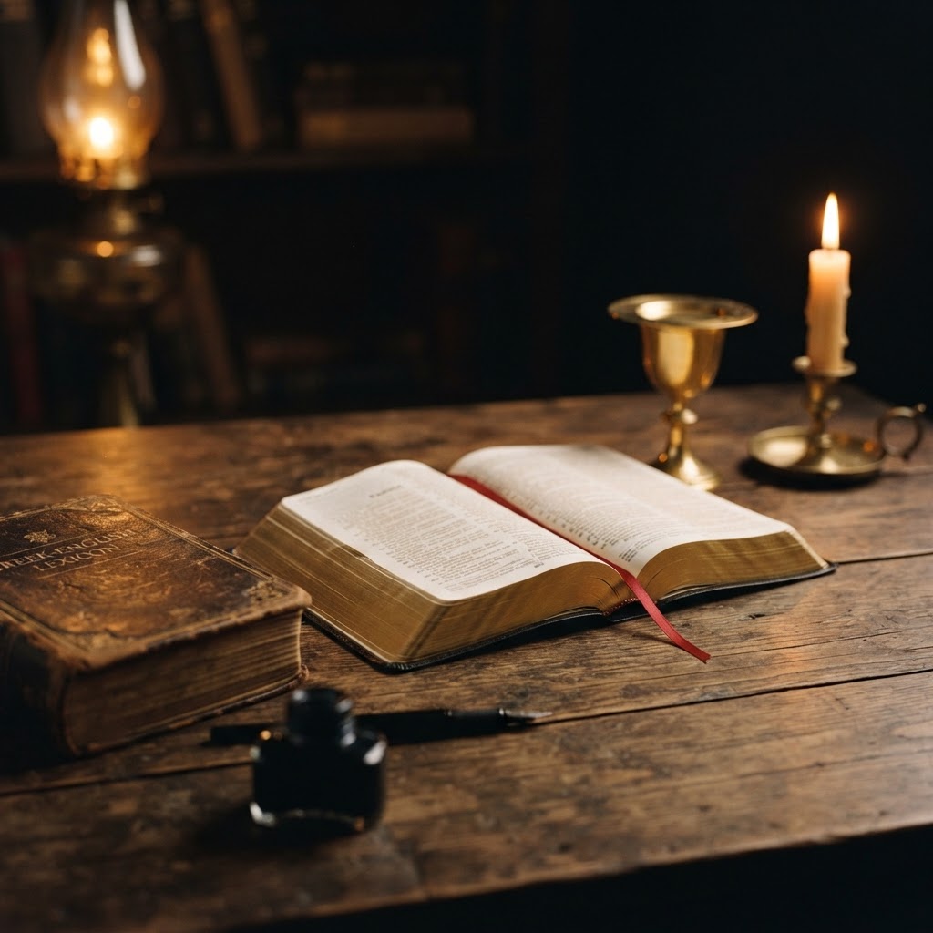 An open Catholic Bible with gilt page edges on a dark table beside a gold chalice and paten and a candle.