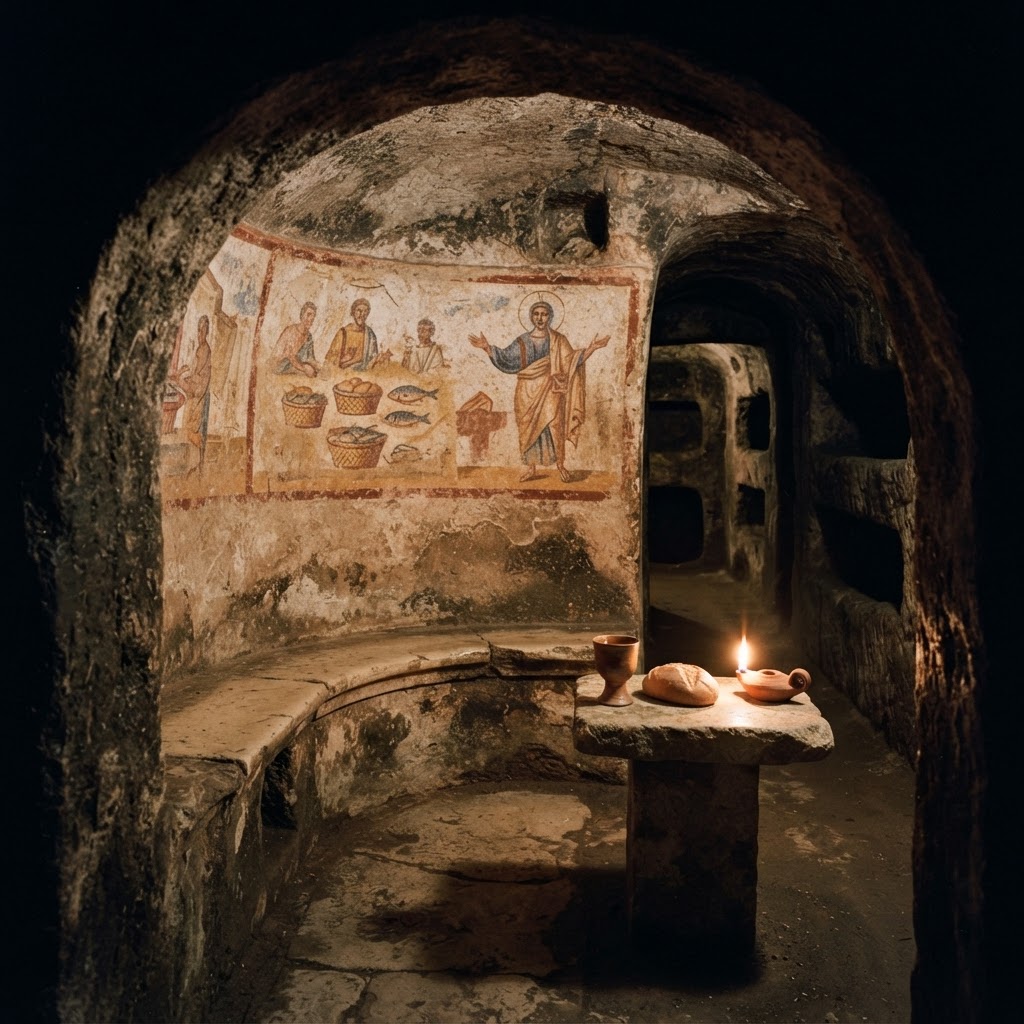 A third-century Christian catacomb chamber with a stone bench, plaster walls painted with loaves and fishes, and a small table with bread and a cup under a single lamp.