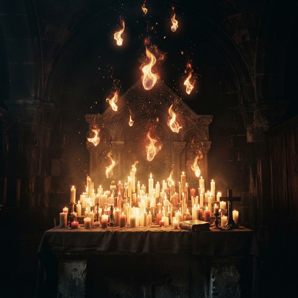 Tongues of fire descending over gathered candlelight at Pentecost