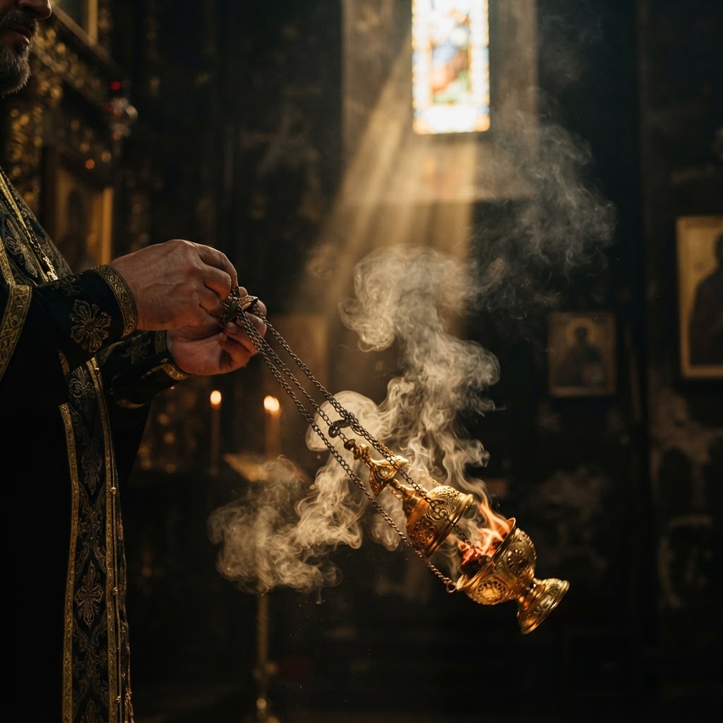 A golden censer swinging in darkness, incense rising through a shaft of amber light