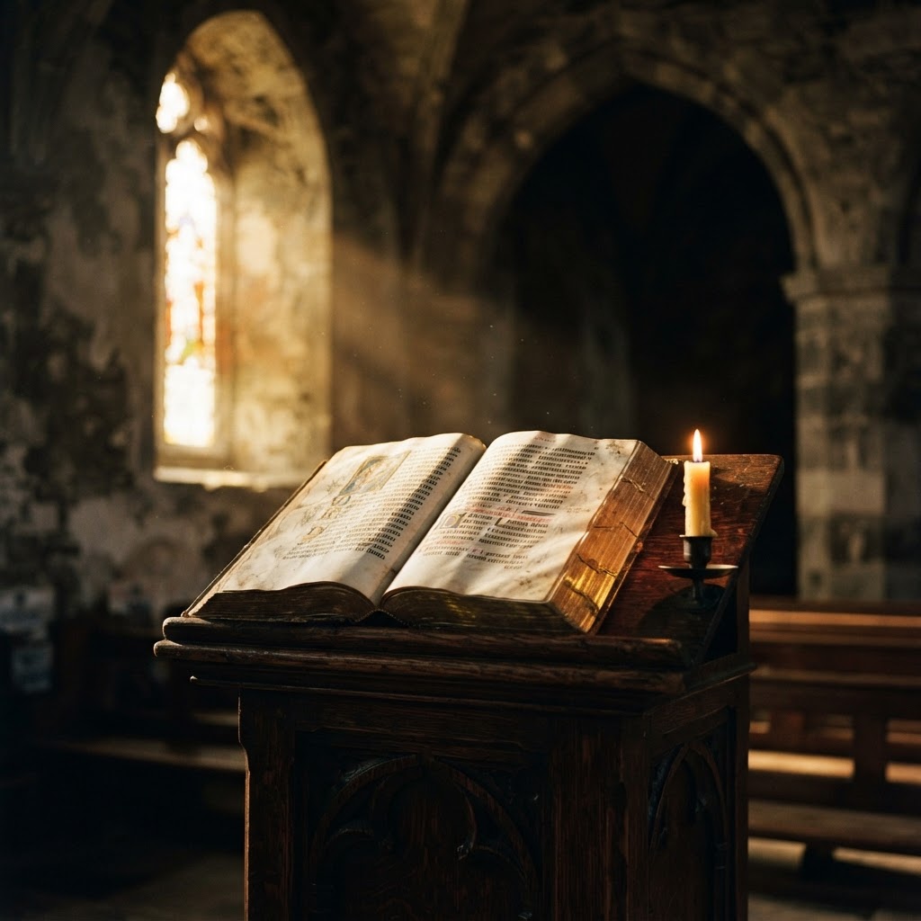 Open Bible on a chapel lectern in warm light