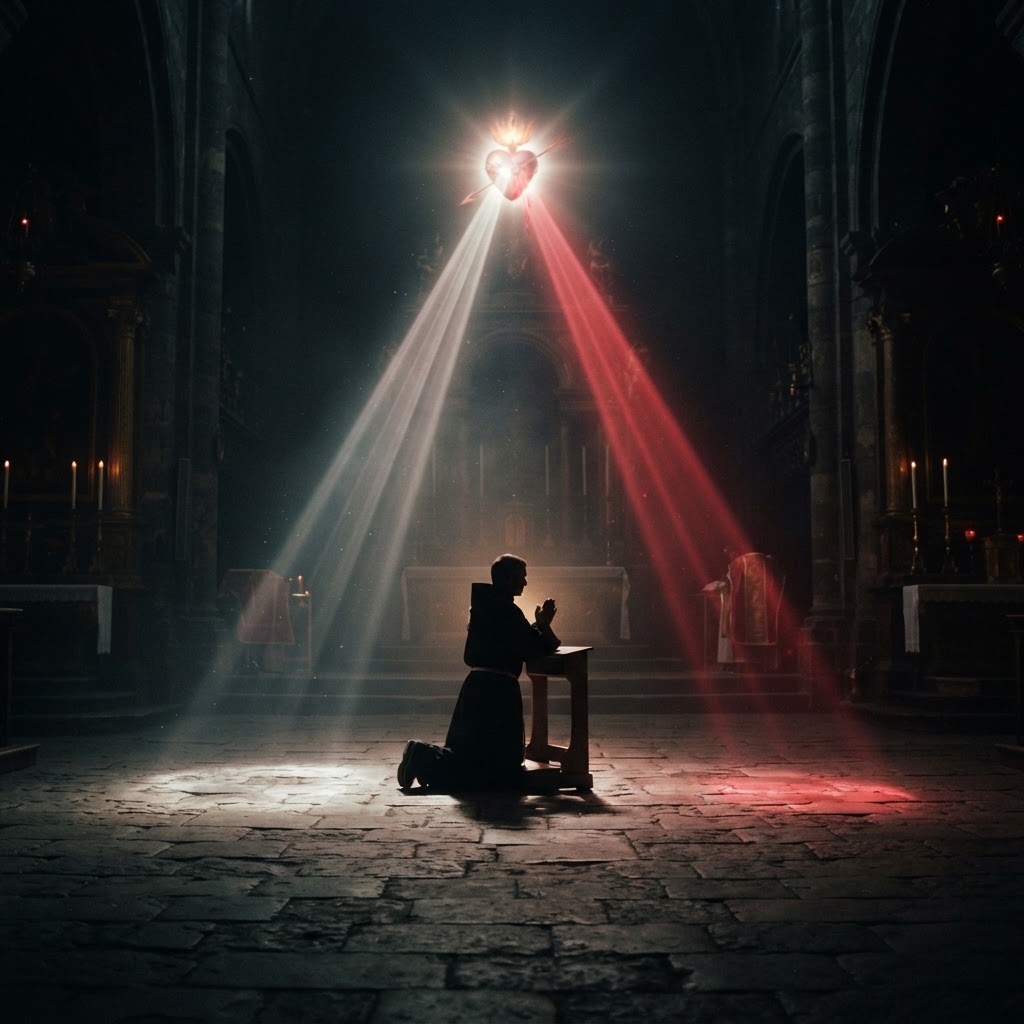 Rays of mercy streaming across a dark sanctuary toward a kneeling figure.