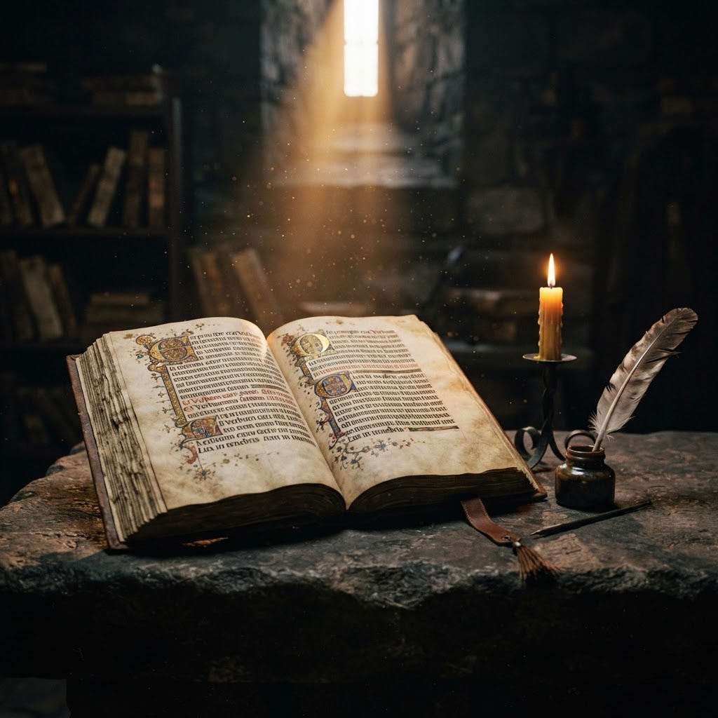 An ancient illuminated codex open on a stone altar by candlelight
