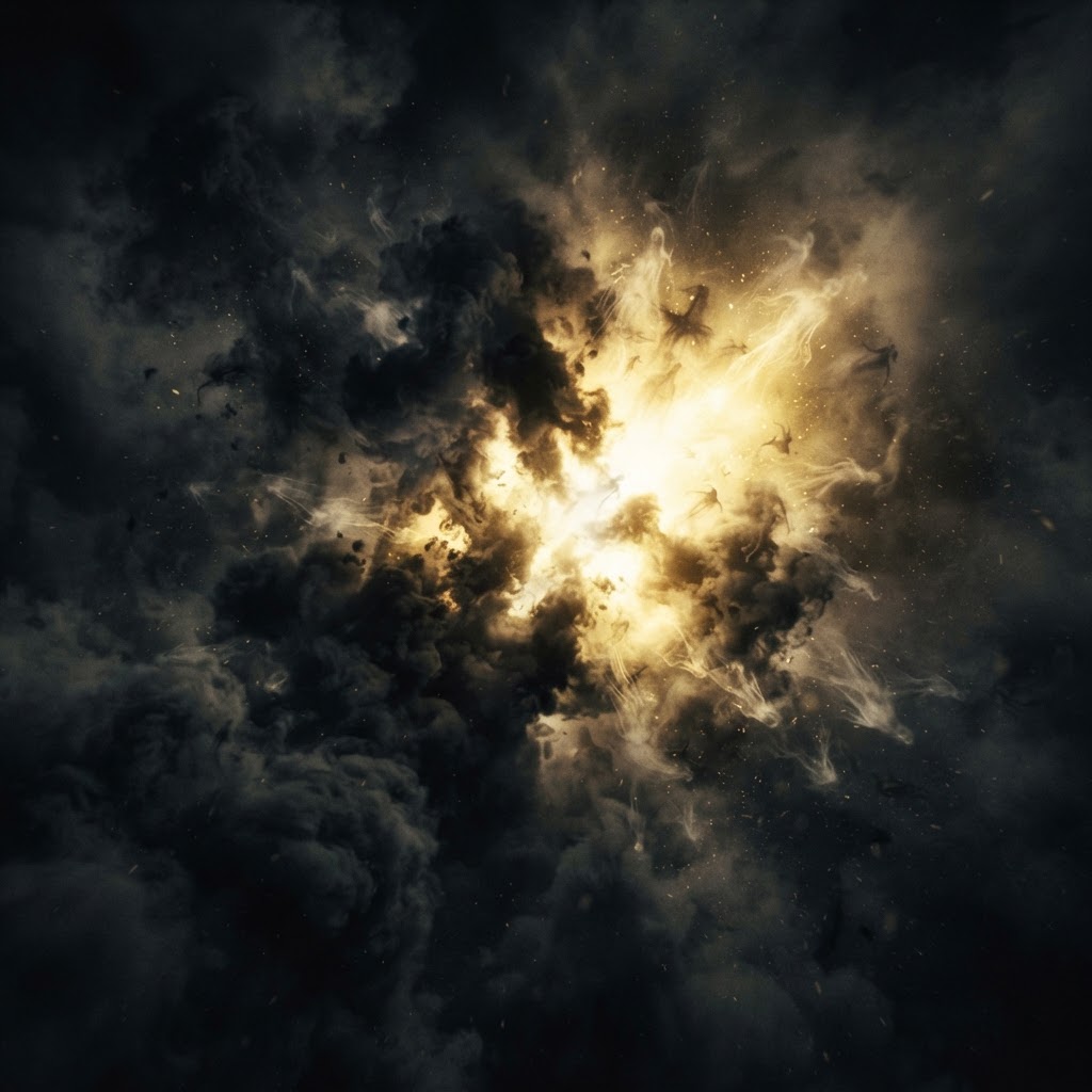 Golden light breaking through parting dark smoke and shadow