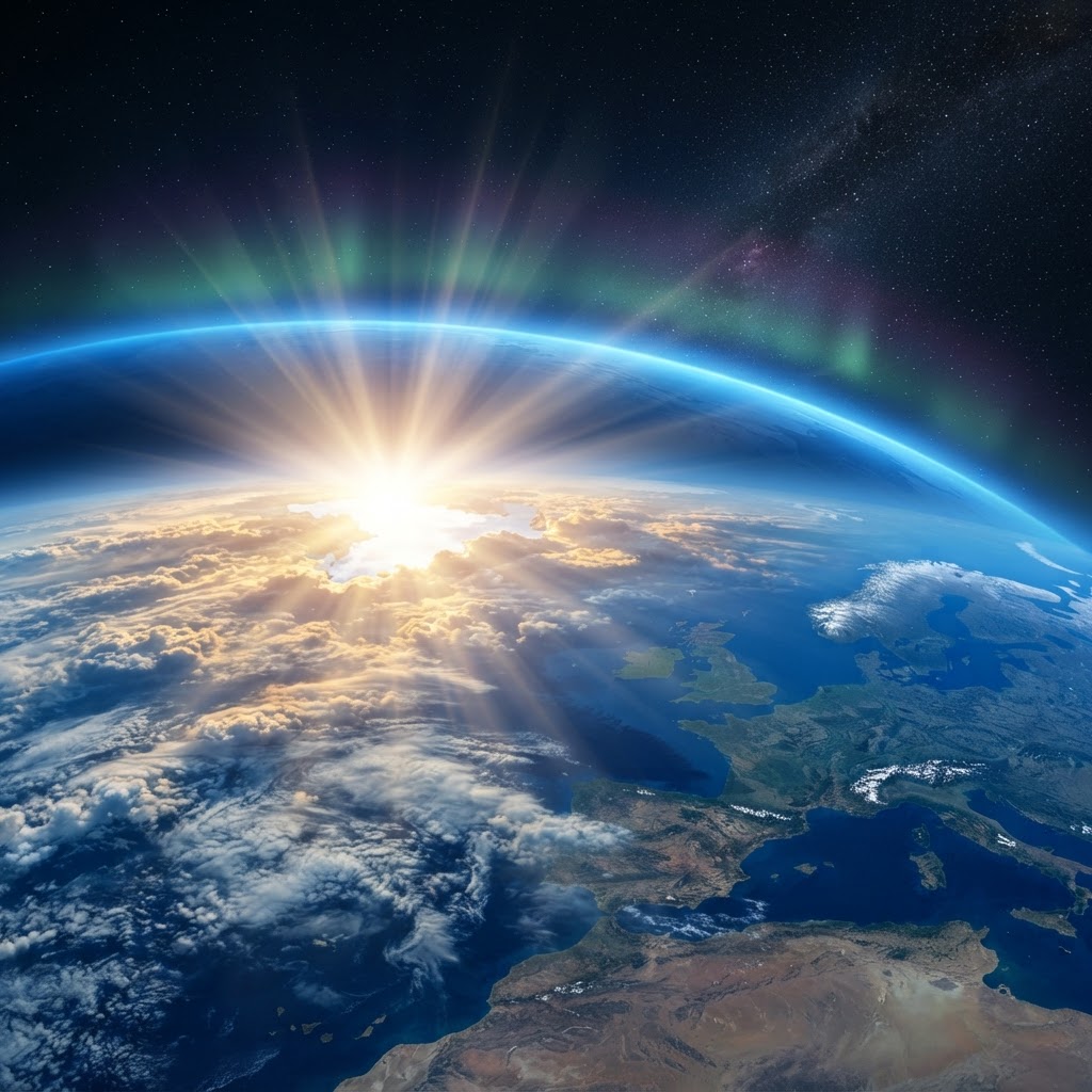 The sun blazing through the edge of a vast cloud layer high above the curved blue horizon of the earth