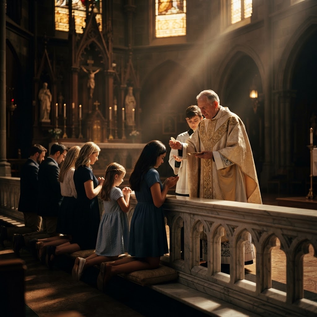 A row of communicants kneeling at a communion rail in a traditional church as the priest raises the Host.